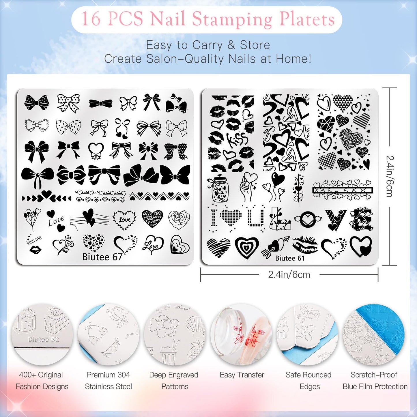Biutee Nail Stamping Kit with 10 Stamping Gel Polish, 16 Nail Stamping Plate, Clear Jelly Stamper, 2 Scraper & Storage Bag, Floral Butterfly Geometric Beach DIY Nail Art Stamping Kit for DIY Manicure