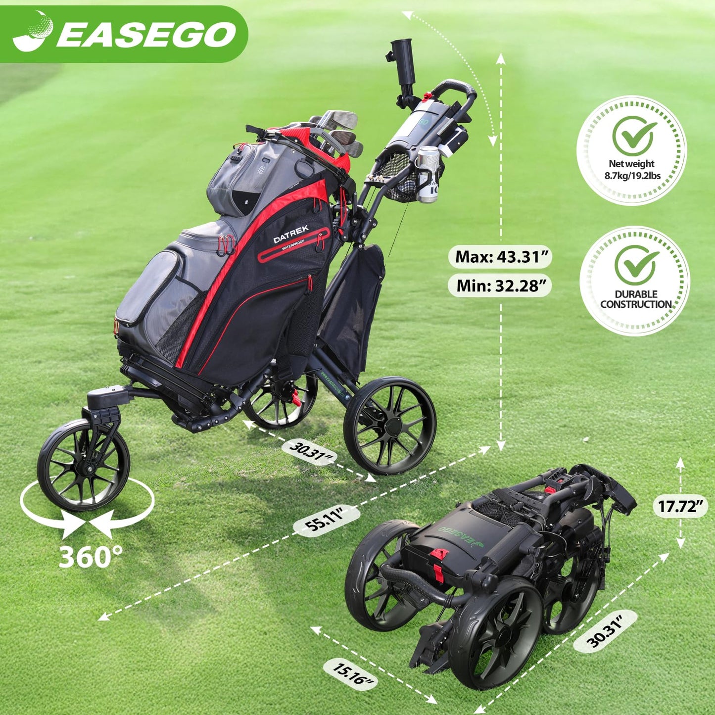 EASEGO Golf Push Cart 3 Wheel : 360° Swivel Front Wheels with Phone Holder/Cup Holder/Umbrella Holder/Foot Brake Quick Fold Golf Walking Push Pull Carts All-Terrain Golf Caddy Carts(Black)
