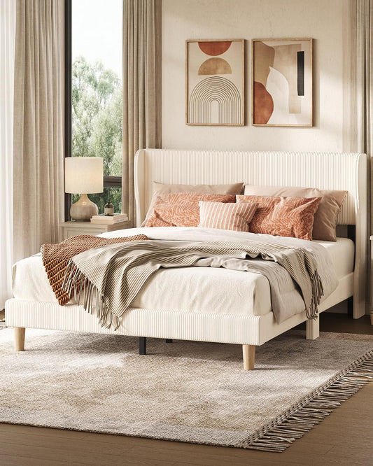 Bestier Queen Size Bed Frame with Wingback Headboard,Platform Queen Upholstered Bed with Strong Wooden Slats,No Box Spring Needed,Never Squeaks,Easy Assembly,Beige