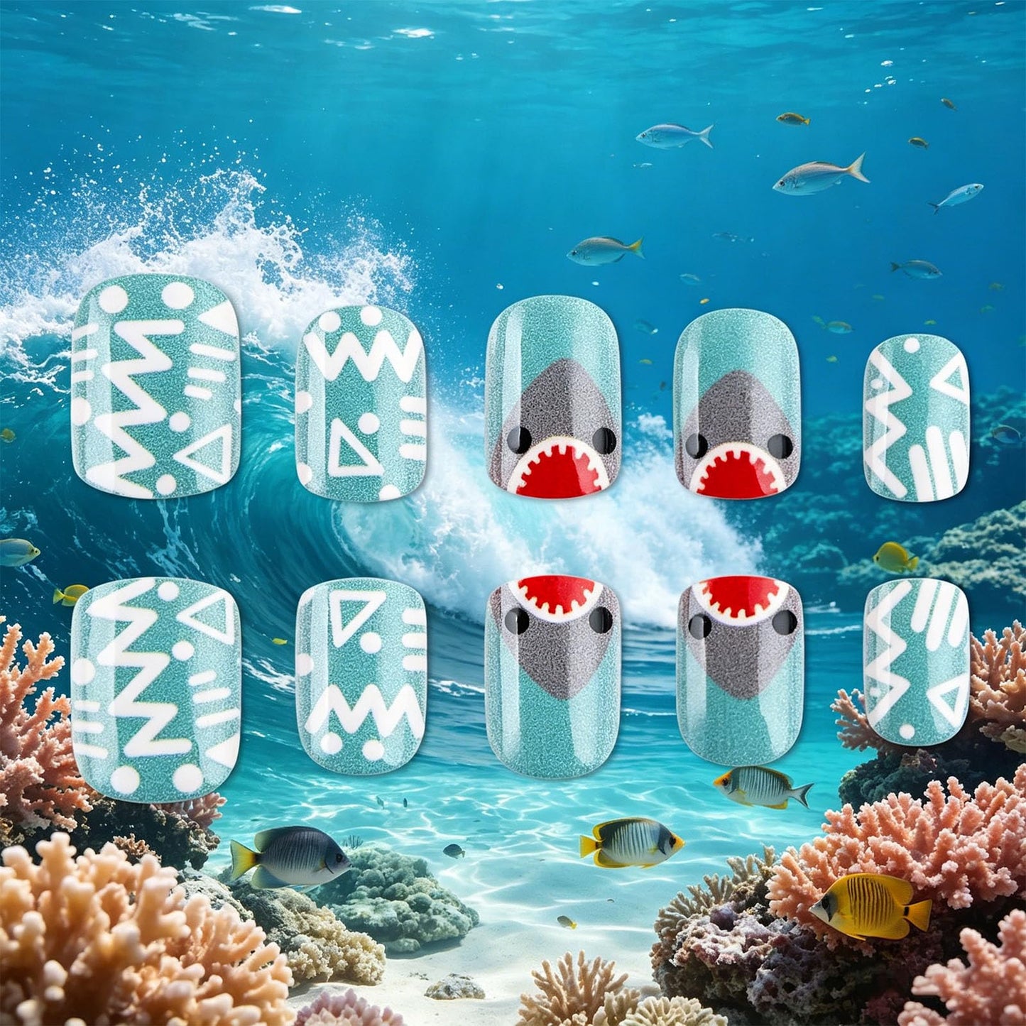 Cute Shark Short Square Press on Nails with Cartoon Design Glossy Blue Fake Nail Tribal Geometric False Nails Summer Glue on Artificial Fingernails Ocean Full Cover Stick on Nail for Women Wear