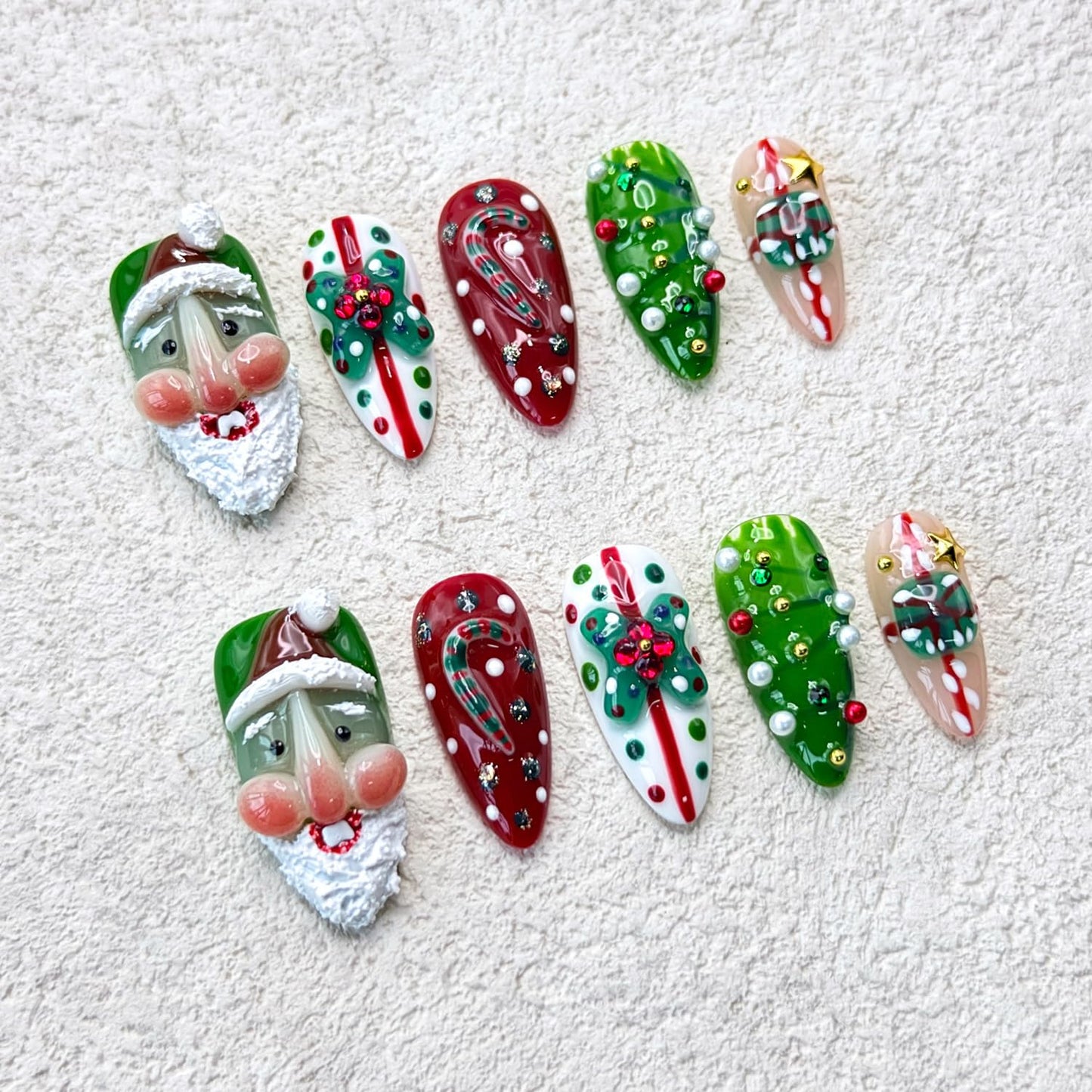 Christmas Press on Nails Medium Almond Handmade Nails with Glue,Green ＆ Red Fake Nails Cute 3D Santa Claus Designs Muti-Layer Gel Handmade Acrylic Full Cover Thick False Nails for Women (Size S)