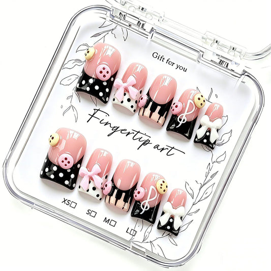 Handmade Acrylic Press on Nails Short Duck Nails Press on with Musical Note and Bow Designs Reusable Square Fake Nails Luxury Cute Holiday for Women (Size M）