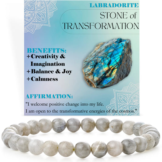 Bivei Labradorite - Transformation - 6mm Beaded Bracelets for Women Handmade Semi Precious Natural Stone Stretch Elastic Jewelry for Women Yoga Protection Gifts