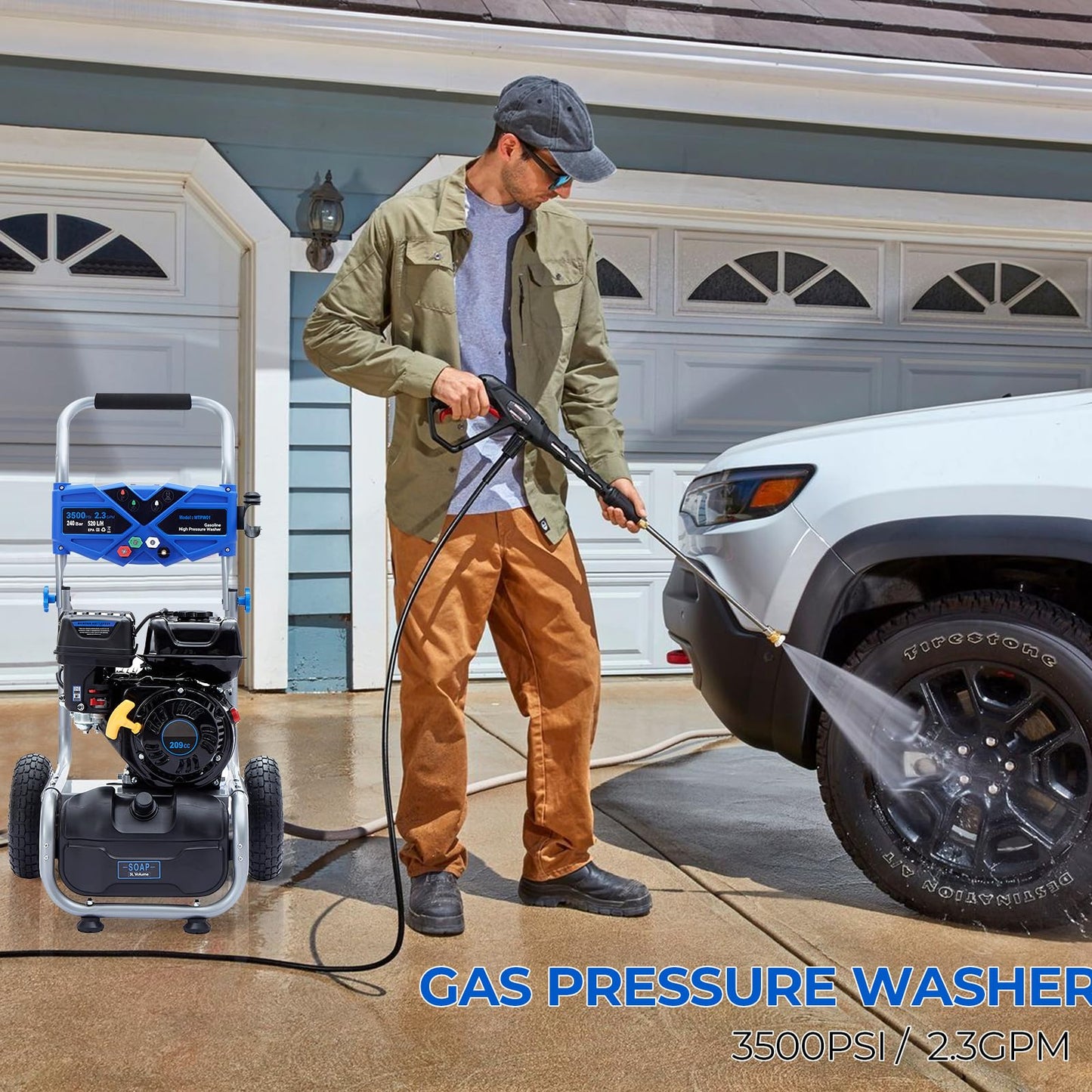Hushlight Gas Pressure Washer, 3500 PSI 2.3 GPM Power Washer with 209CC Engine, 4 Quick-Connect Nozzles, 25FT Hose, 3L Soap Tank, High Pressure Washer for Car, Driveway, Fence, Patio, Home Cleaning