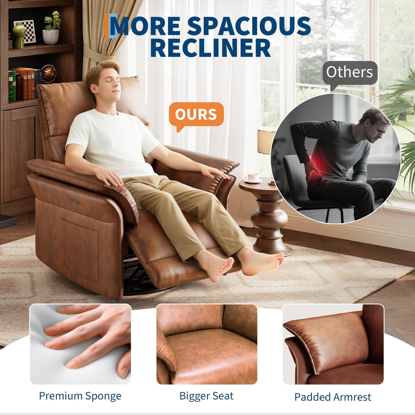 IDEALHOUSE Power Recliner Chair with Side Pockets, 270° Swivel & Glider, USB Charging Port, PU Leather, Thickened Dual-Layer Armrests, Modern Recliner for Living Room, Bedroom (Walnut)
