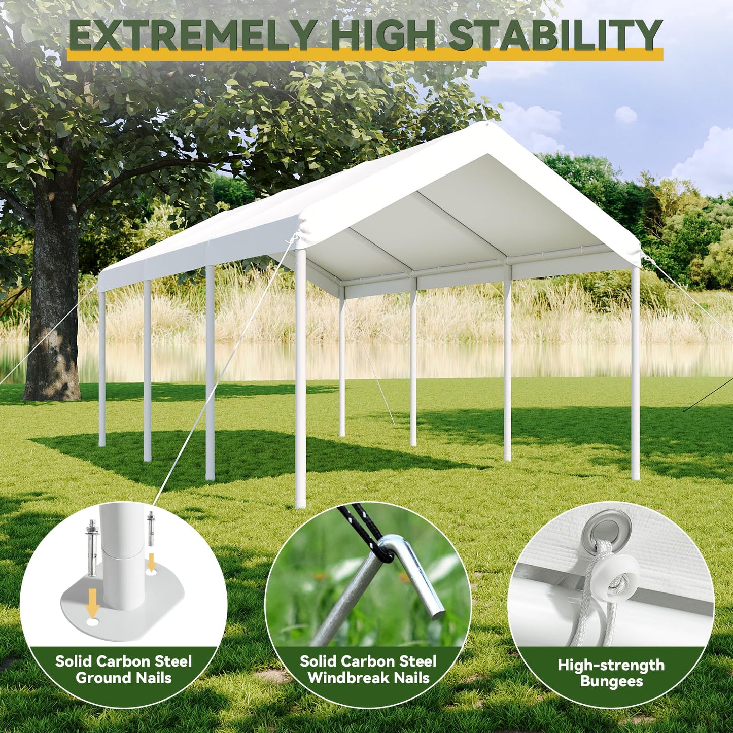 Aoxun 10x20 FT Carport Heavy Duty Car Canopy with Tarp & Wind Resistance Portable Garage Car Tent Outdoor Car Port with Tear Resistant Canopy, No Sidewall - Milky White