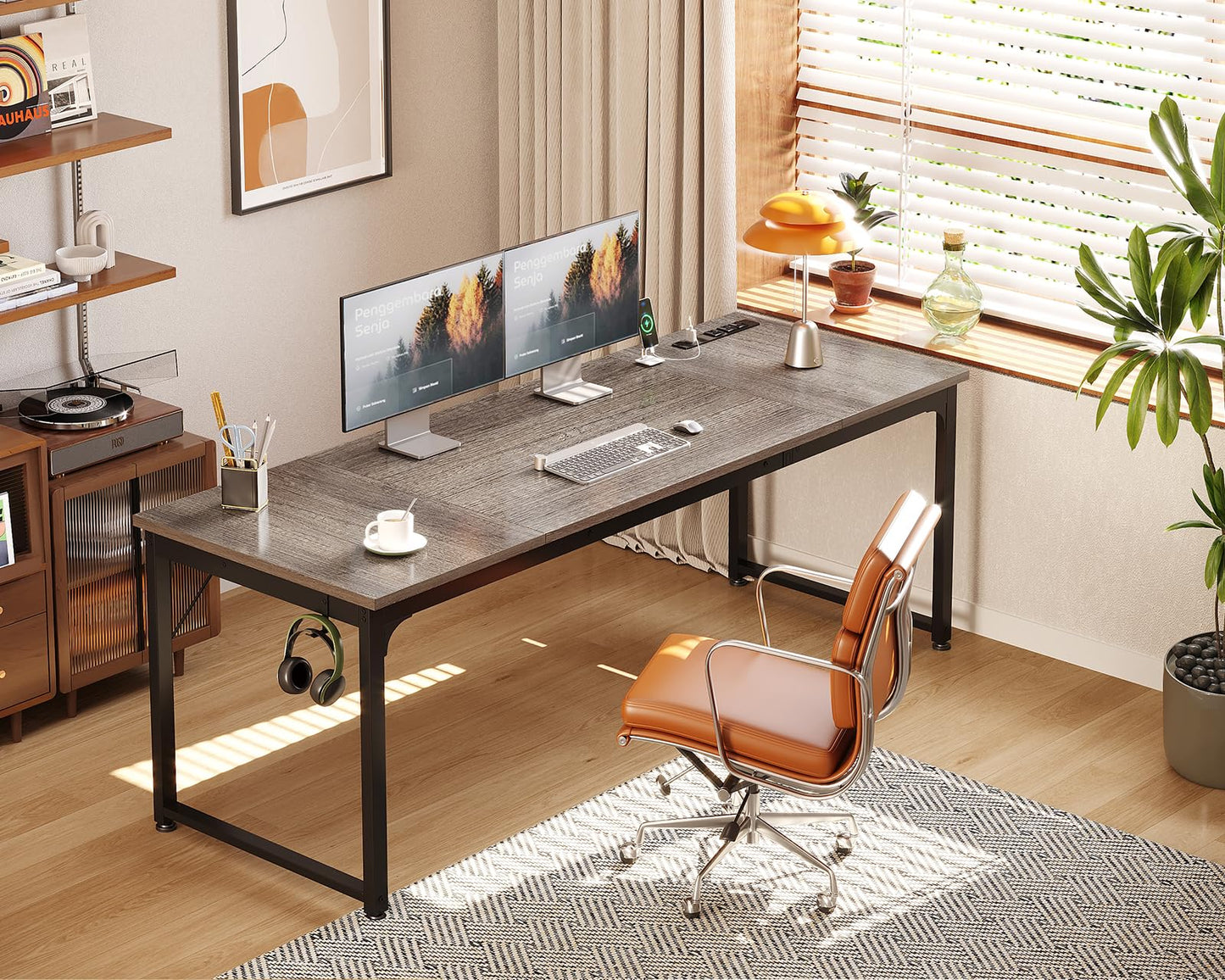 Coleshome 71 x 24 Inch Computer Desk with USB Ports, Large Office Desk, Long Study Student Writing Desk, Grey Oak