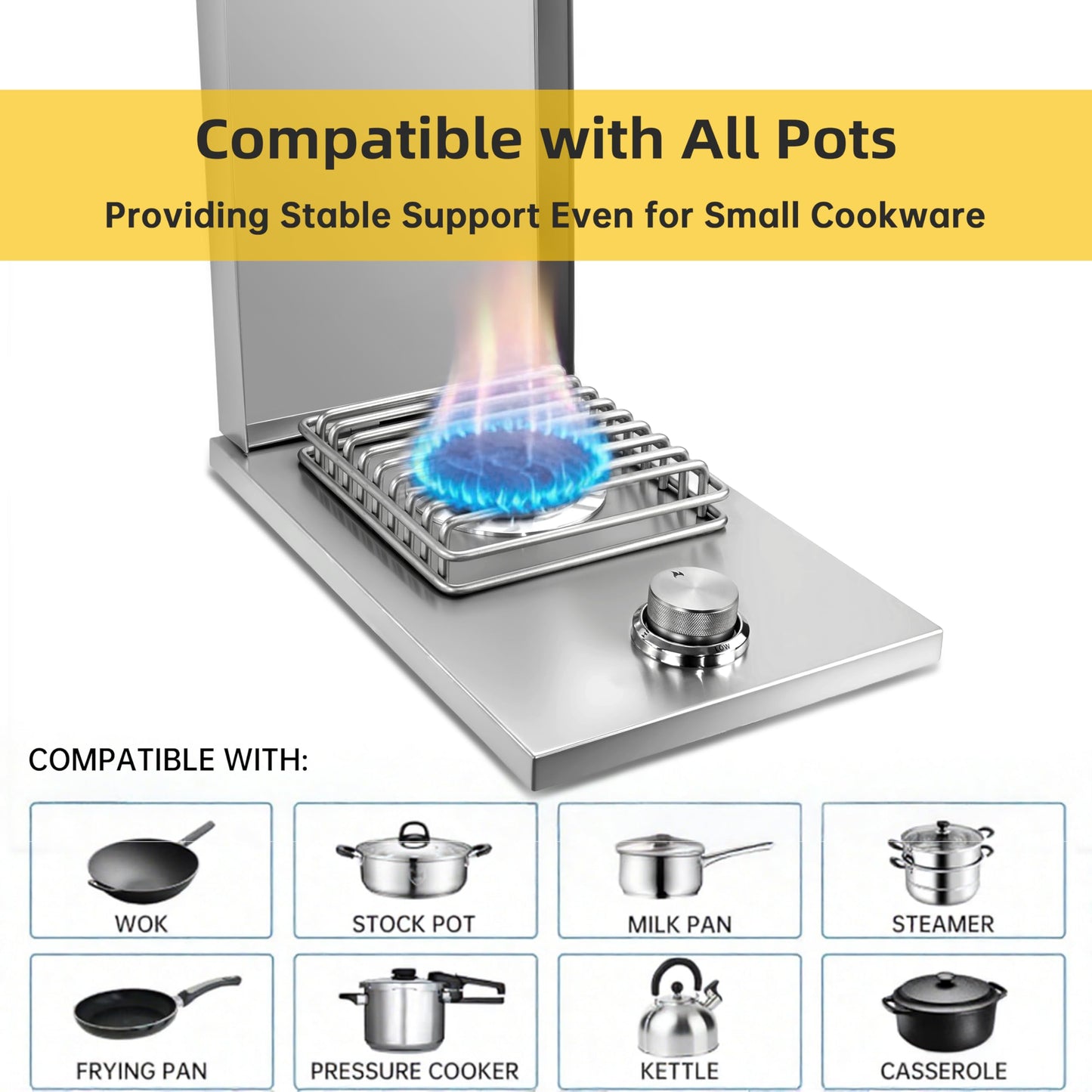 Qualipo Single Grilling Side Burner, 15,000BTU Liquid Propane for Outdoor Kitchen, Heavy-Duty 304 Stainless Steel, Convertible to Natural Gas, Built-in Single Side Burner for BBQ Grill Island