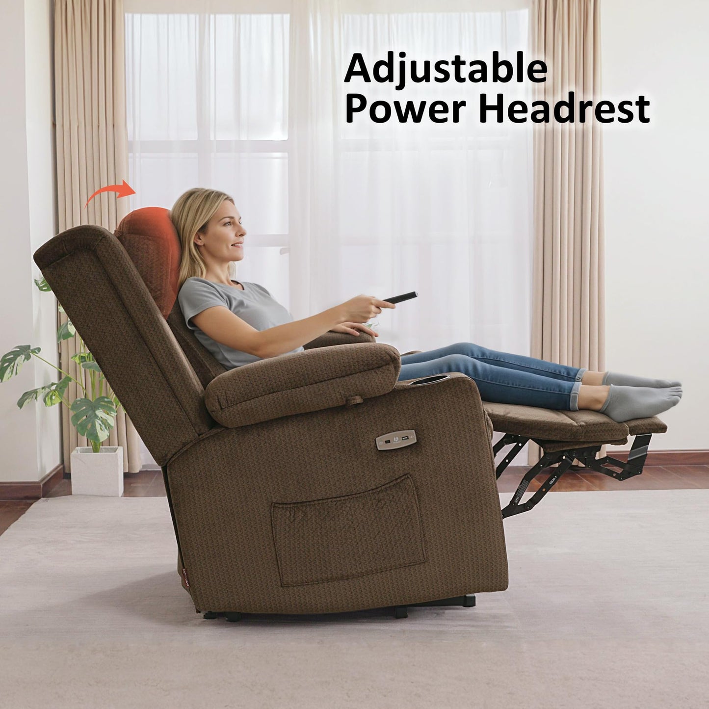 MCombo Large Triple Motor Power Lift Recliner Chair with Massage and Heat for Elderly People, Adjustable Headrest, Infinite Position, USB Ports, Fabric 7662 (Brown, Large)