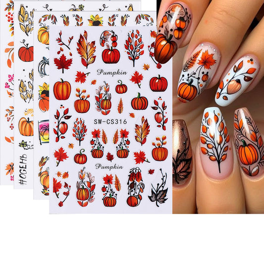 Fall Thanksgiving Nail Art Stickers 3D Self-Adhesive Nail Decals Maple Leaves Pumpkin Designs Nail Decorations Autumn DIY Manicure Supplies for Women Girls 4Pcs