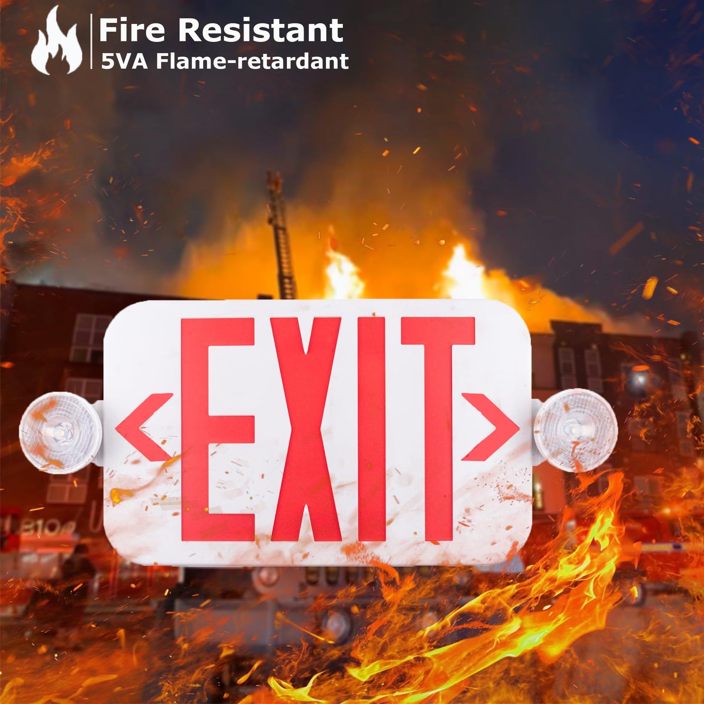 LIT-PaTH LED Combo EXIT Sign with 2 Adjustable Head Lights and Double Face, Back Up Batteries- US Standard Red Letter Emergency Exit Lighting, UL 924 and CEC Qualified, 120-277 Voltage, 4-Pack