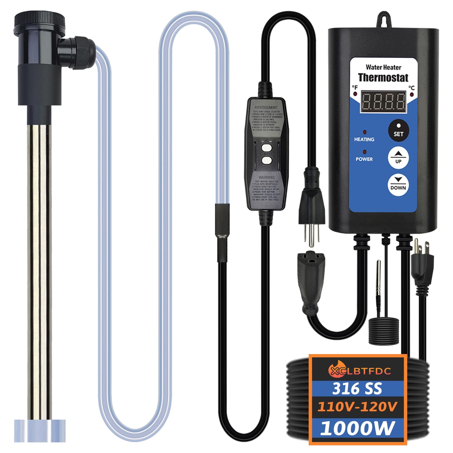 XCLBTFDC 1000W Immersion Water Heater Portable Electric Hot Tub and Bathtub Fully Submersible Water Heater with Thermostat, GFCI Leakage Protection for Hot Tub, Water Trough, Buckets, pool Easy to use