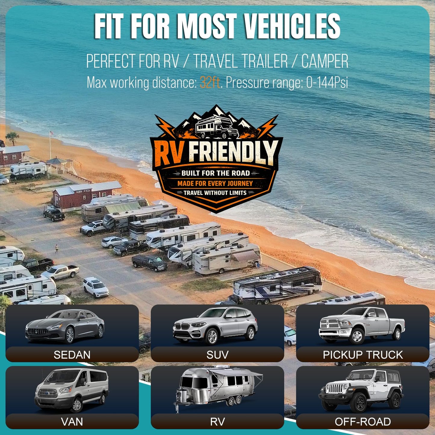 Tire Pressure Monitoring System - RV TPMS with 6 External Sensors & 6 Alert Modes, 4.0" Large LCD Display, Intelligent On/Off Solar TPMS for Trailer Camper SUV Pickup truck Easy to install, 0-144 PSI