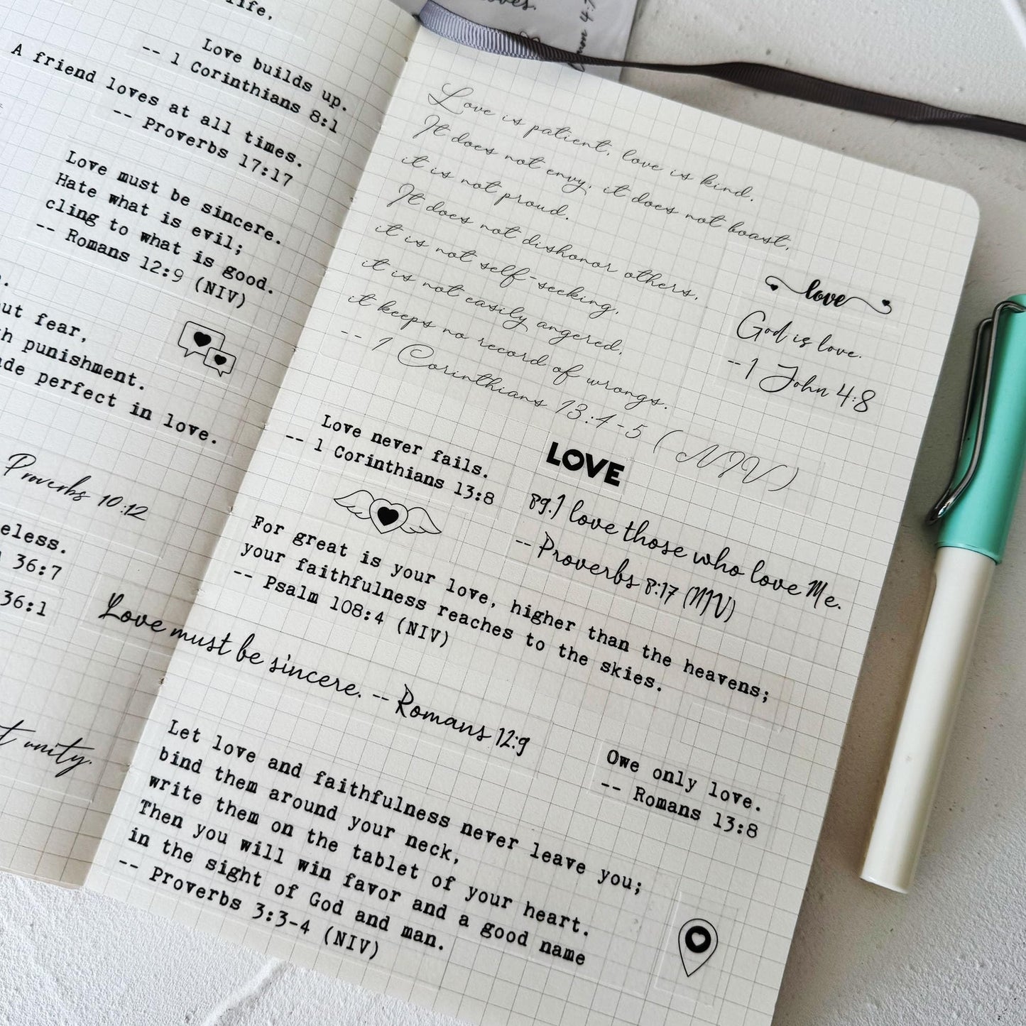 Esland Bible Verses Planner Stickers – 4 Sheets of Love Quotes, Retro Typewriter & Hand Lettering Styles, Inspirational Christian Stickers for Journaling, Scrapbooking, Bible Study, and Crafts