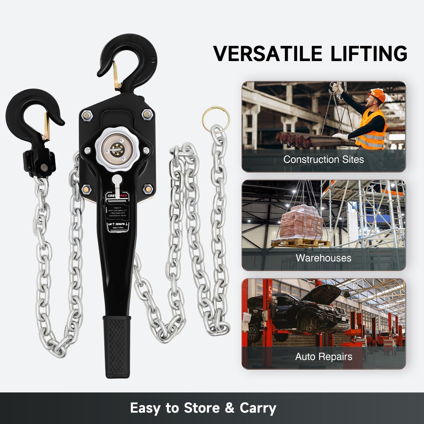 CREWORKS Lever Chain Hoist, 3 Ton 6600 lb Capacity 20 ft Manual Chain Hoist with G80 Galvanized Chain & Swivel Hooks, Heavy Duty Manual Lever Hoist for Construction Warehouse Automotive Factory
