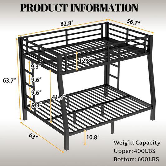 Bellemave Metal Full XL Over Queen Bunk Bed with High Guardrail & Under-Bed Storage, Heavy Duty Bunk Beds Frame with 2 Side Ladders, Full Over Queen Bunk Bed for Adults, No Box Spring Needed, Black