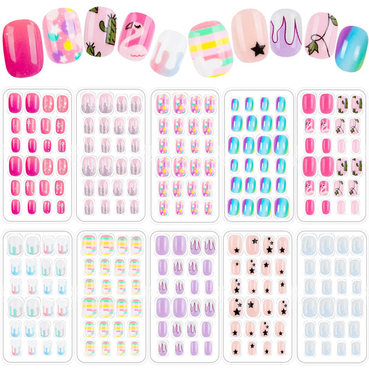 240 Pieces Fake Nails for Kids Girls Artificial Kids Press on Nails Full Cover Short Acrylic Stick On Nails False Nail Tips Kit for Children Little Girls Nail Art Decoration (Stars)