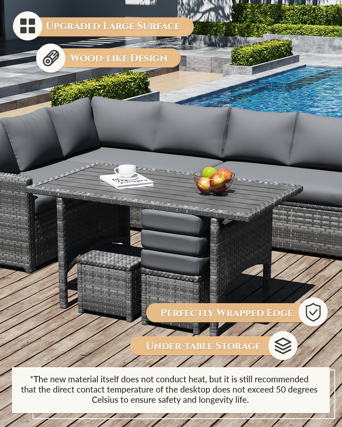 U-MAX 7 Pieces Patio Furniture Set with Waterproof Cover, Outdoor Sectional Sofa Conversation Set, All Weather Wicker Rattan Dining Table & Chair with Ottoman, Grey Rattan&Grey Cushion
