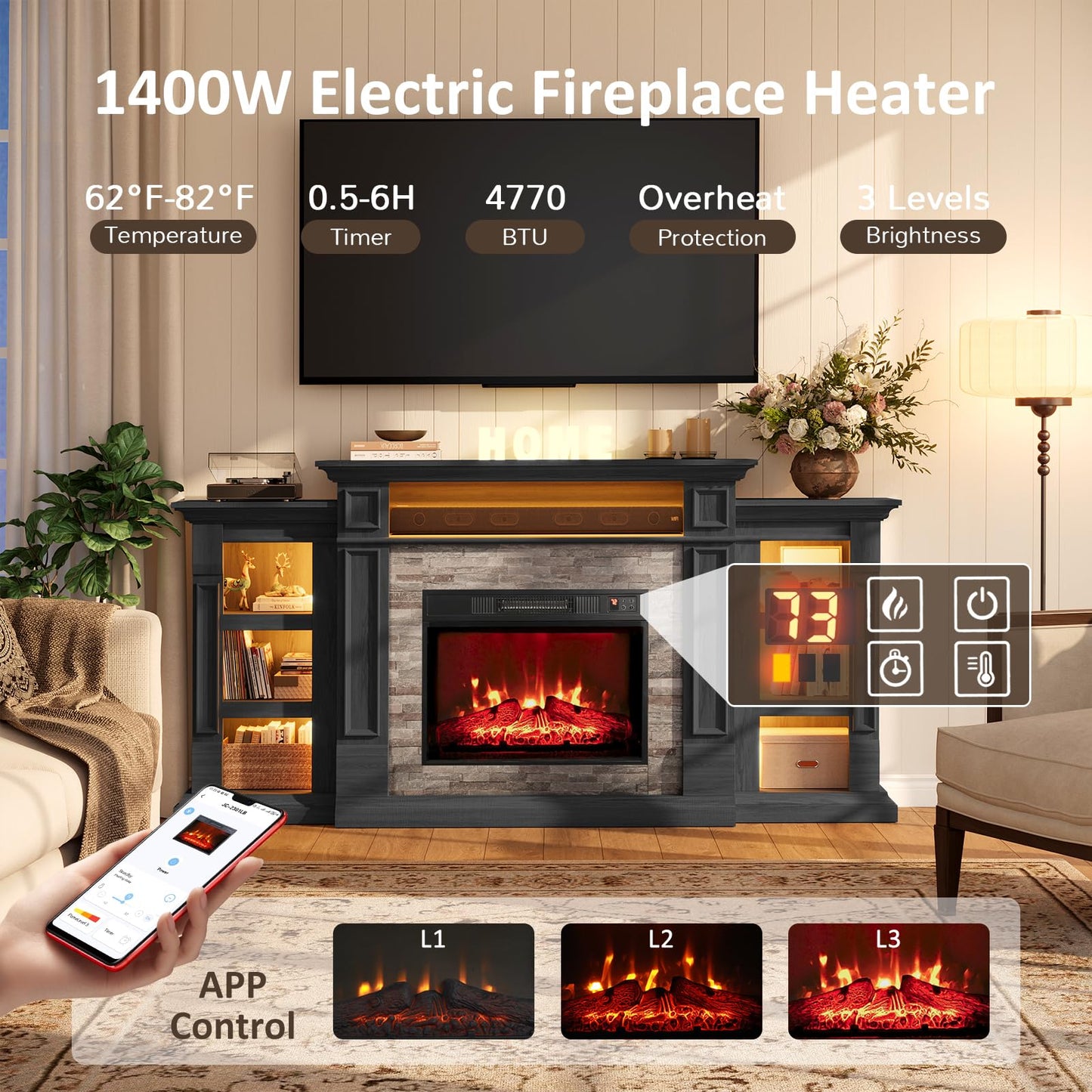 Naice 72" Electric Fireplace with Mantel and Cabinets, Fireplace TV Stand for Living Room Bedroom, LED Light & Power Outlet, 23in Realistic Flame Fireplace and Stacked Stone Surround, Black