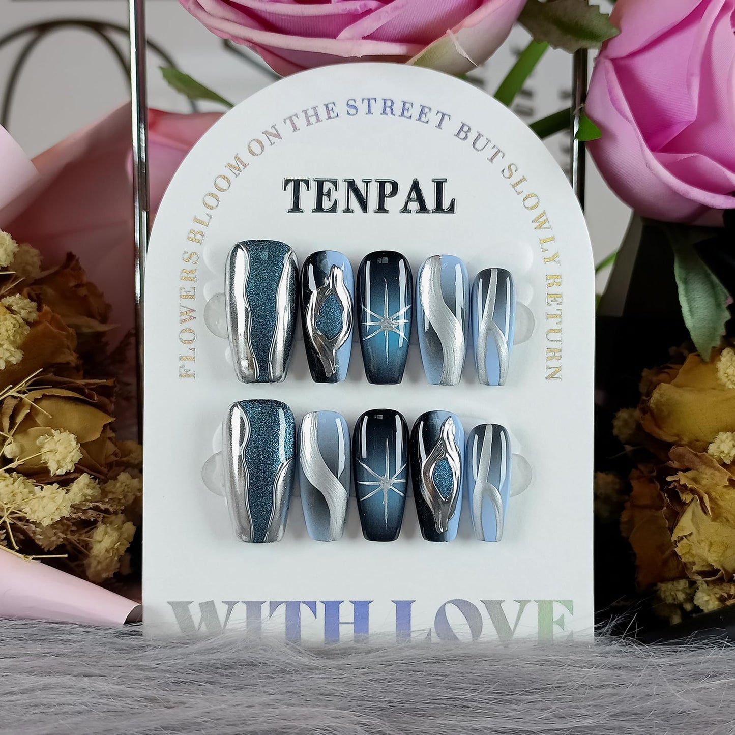 TENPAL Handmade Press On Nails With Tools,Black Blue Ombre 3D Cat Eye Coffin Fake Nails for Women,Glossy Metallic Airbrush Galaxy Designs Glue on Nails,Chrome Relief Punk Acrylic Nails 10pcs(XS)