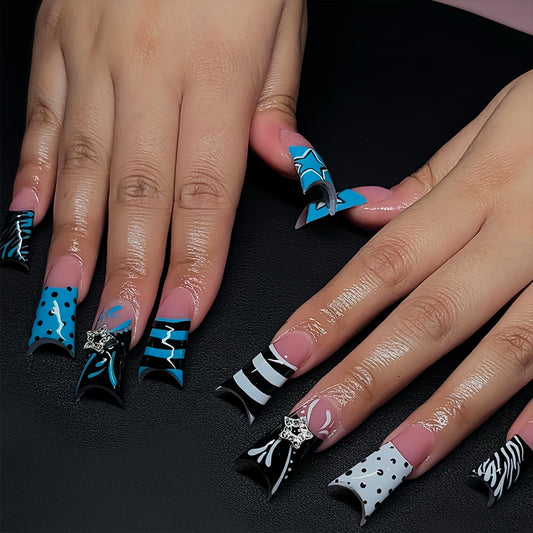 Long Press on Nails Duck Fake Nails Blue Acrylic Nail Press Ons Seeneey Black White Y2K Polka Dots Stripes Star Rhinestone Stick on Nail for Women 24pcs
