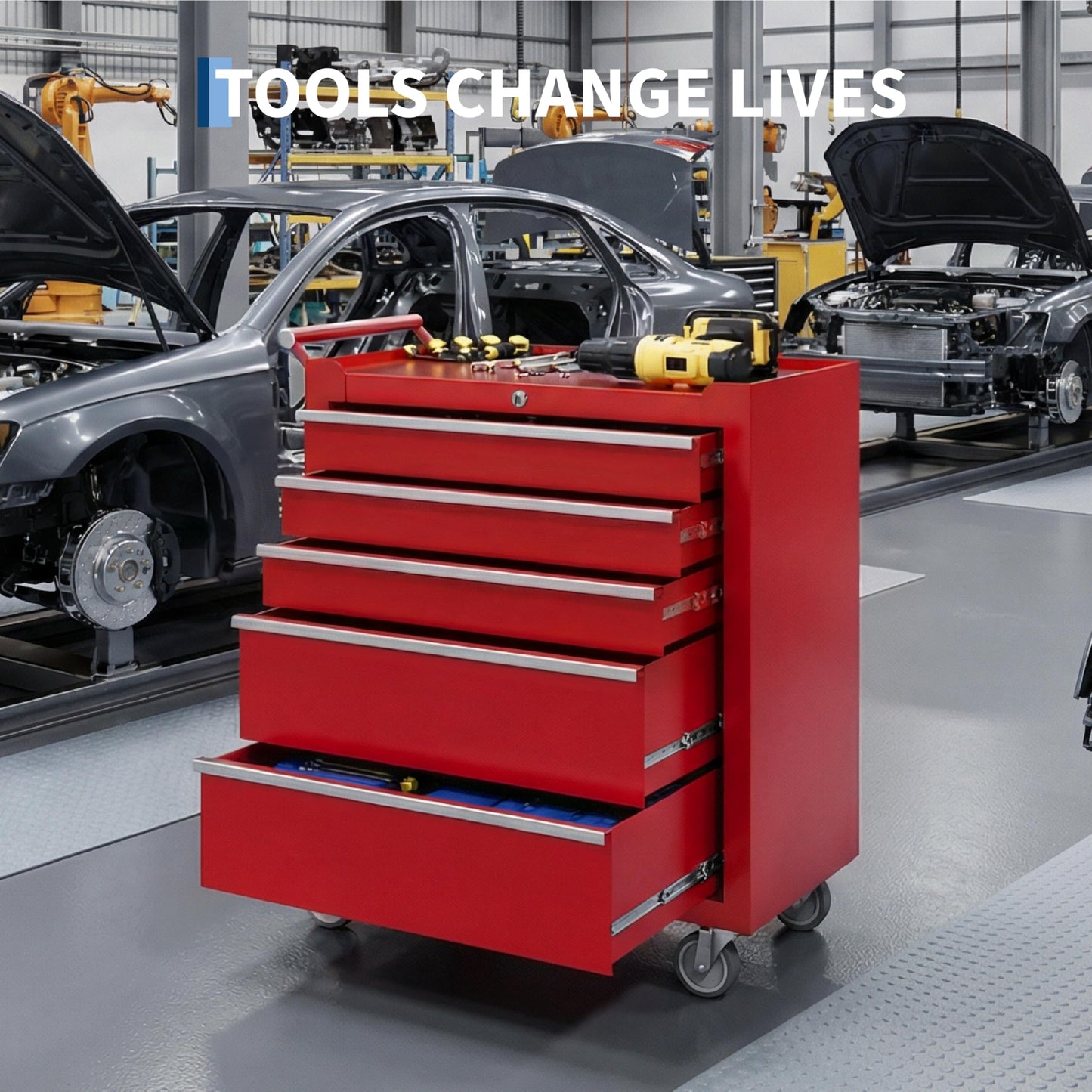 IDEALHOUSE Rolling Tool Chest, 5 Drawers Tool Storage Cabinet, Toolbox with Wheels, Portable Tool Cabinet Organizer with Locking System & Drawer Liners, Tool Storage Cart for Garage, Workshop, Red