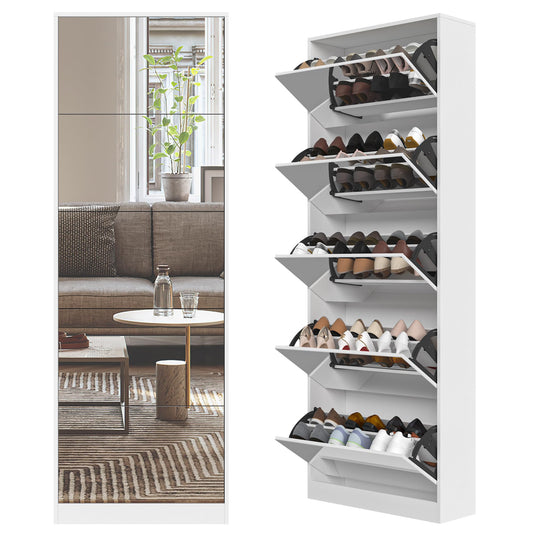 Organizedlife Shoe Storage Cabinet with Full Length Mirror, 30 Pairs & 5 Flip Drawer, Free Standing Shoe Rack Cabinet, Narrow Shoes Organizer for Front Door, Entryway