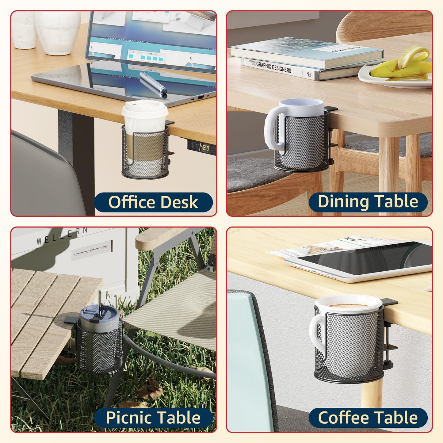 Large Desk Cup Holder, Fully Covered Anti-Spill Clip on Table Cup Holder, Office Gaming PC Desk Accessories, can Hold Universal Cup, Bottles, Mugs, Cans, Tumblers, 3.95" Inner Diameter(1 Pack Black)