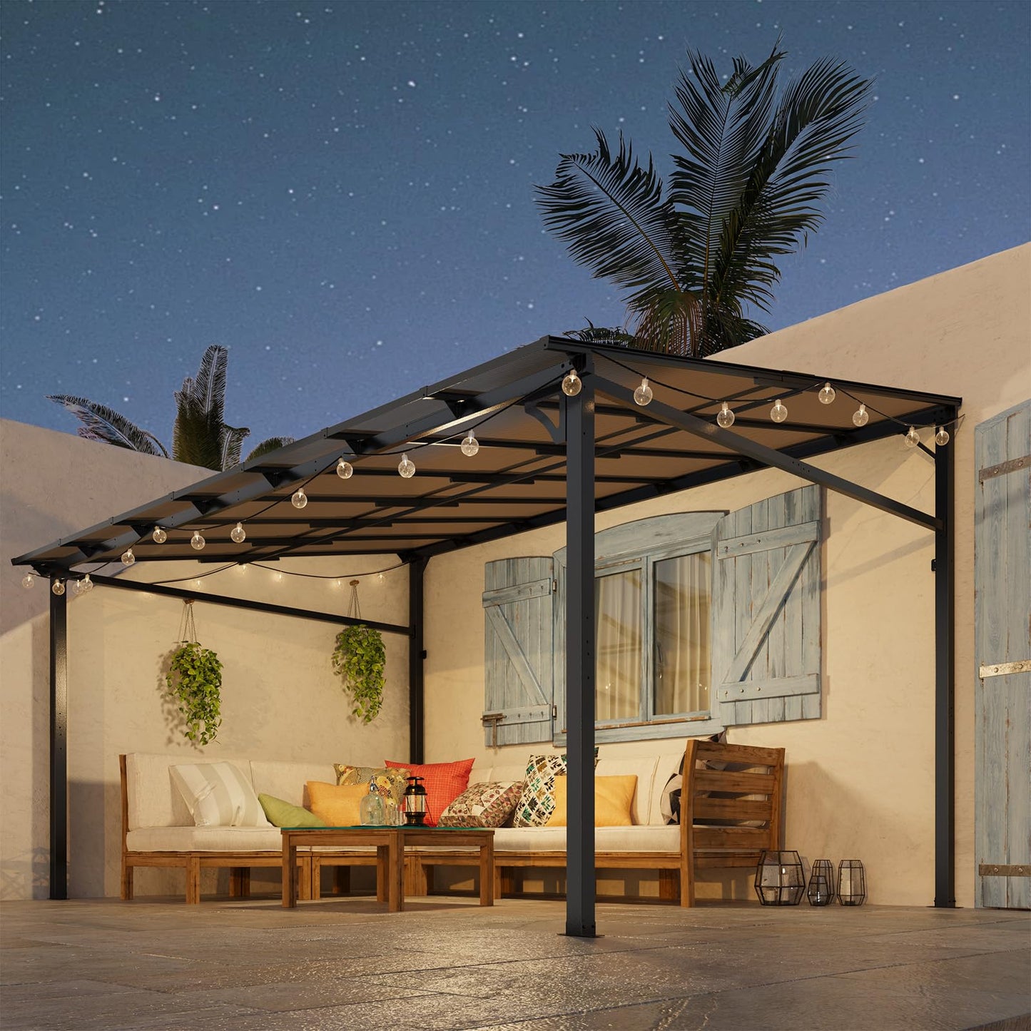 10x14 FT Heavy Duty Wall Mounted Gazebo Pergola,All-Weather Lean to Gazebo with 6mm Anti-UV Polycarbonate Roof & Pre-Drilled Post Bases,Metal Frame Awning,Hard Top Gazebos for Outdoor Deck & Backyard
