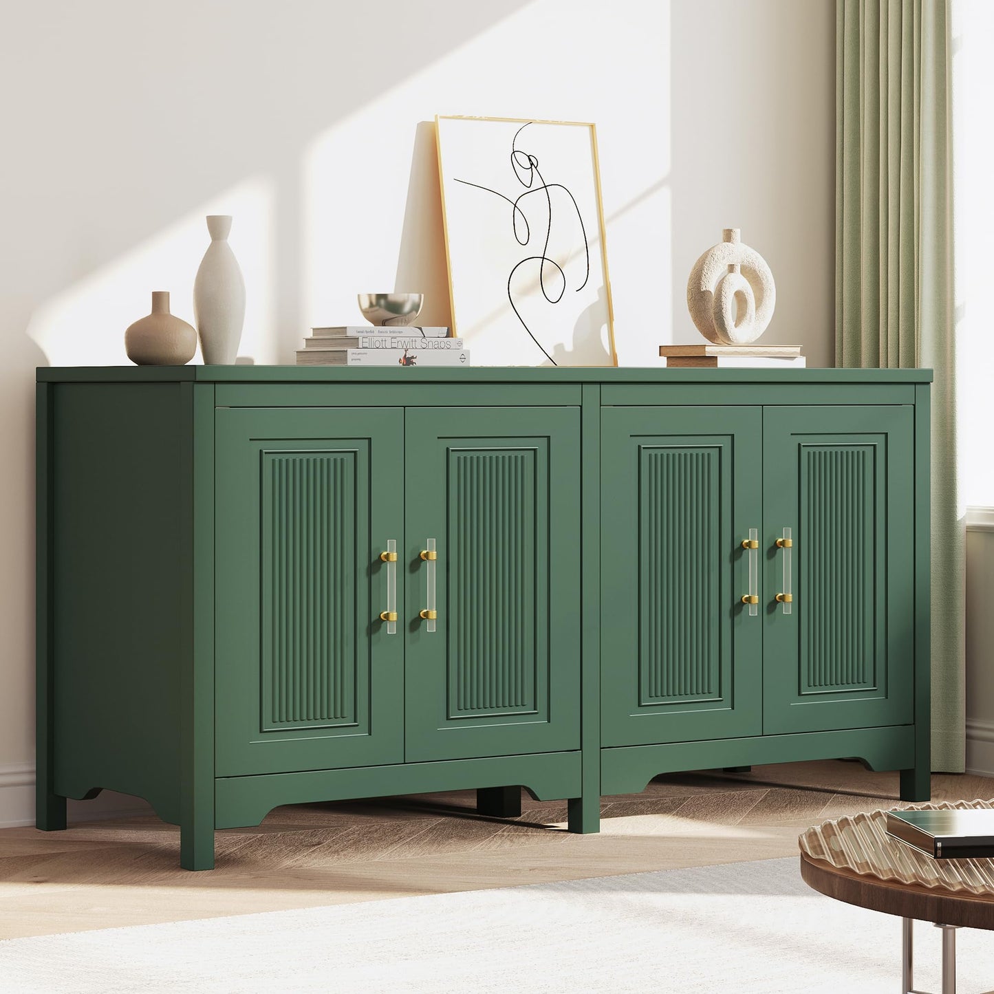 Jocoevol 55" Buffet Cabinet with Storage, Modern Fluted Door Design Sideboard Buffet Cabinet with Adjustable Shelf, Coffee Bar Station for Kitchen, Dining Room, Green