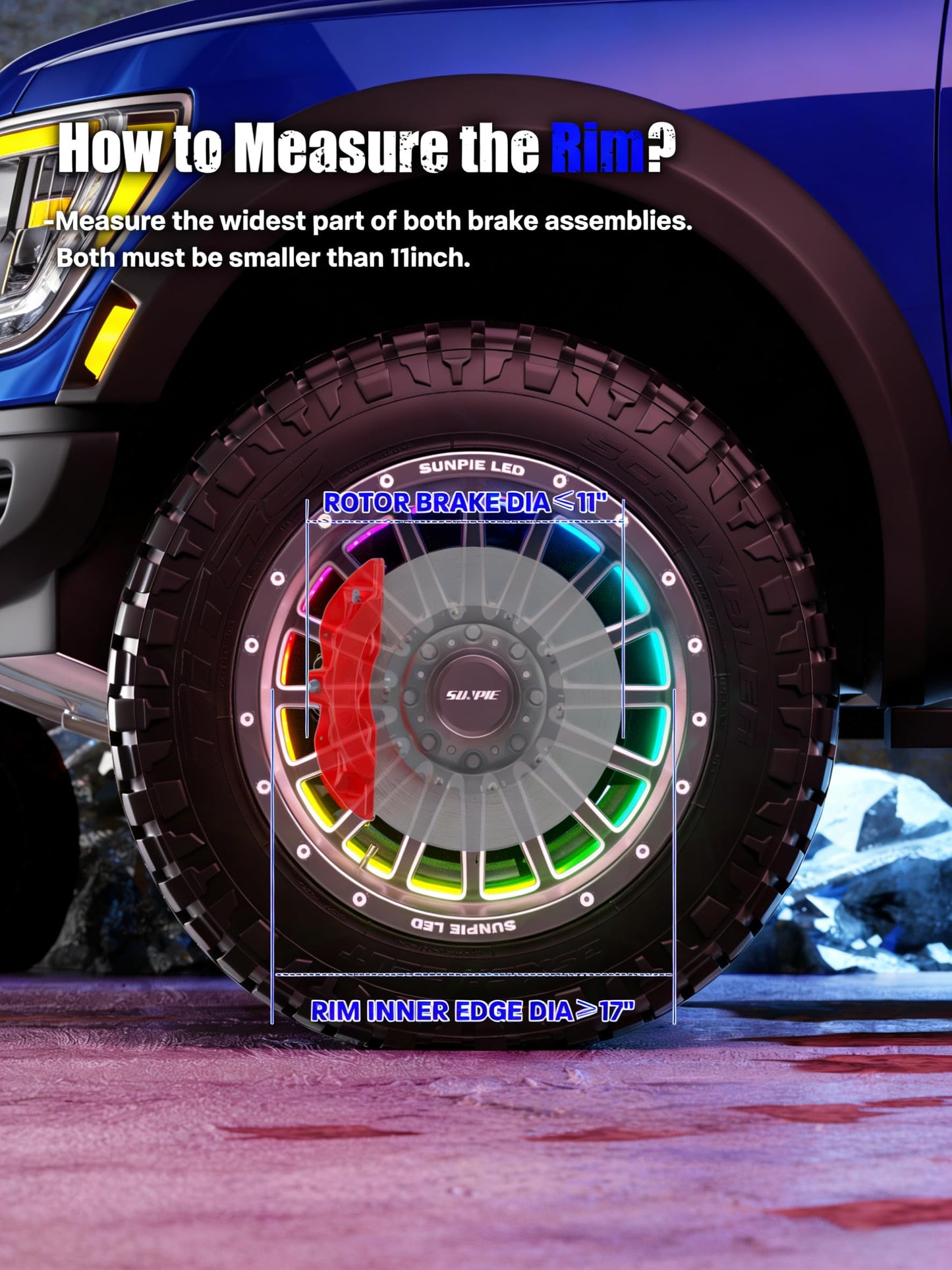 SUNPIE Wheel Lights RGB Wheel Light for Truck Universal 14.5’’ RGB Rim Light for Car/SUV - Wheel Well Ring Lights with Sequential and Multi-Color for All Vehicles, Including Instruction Manual