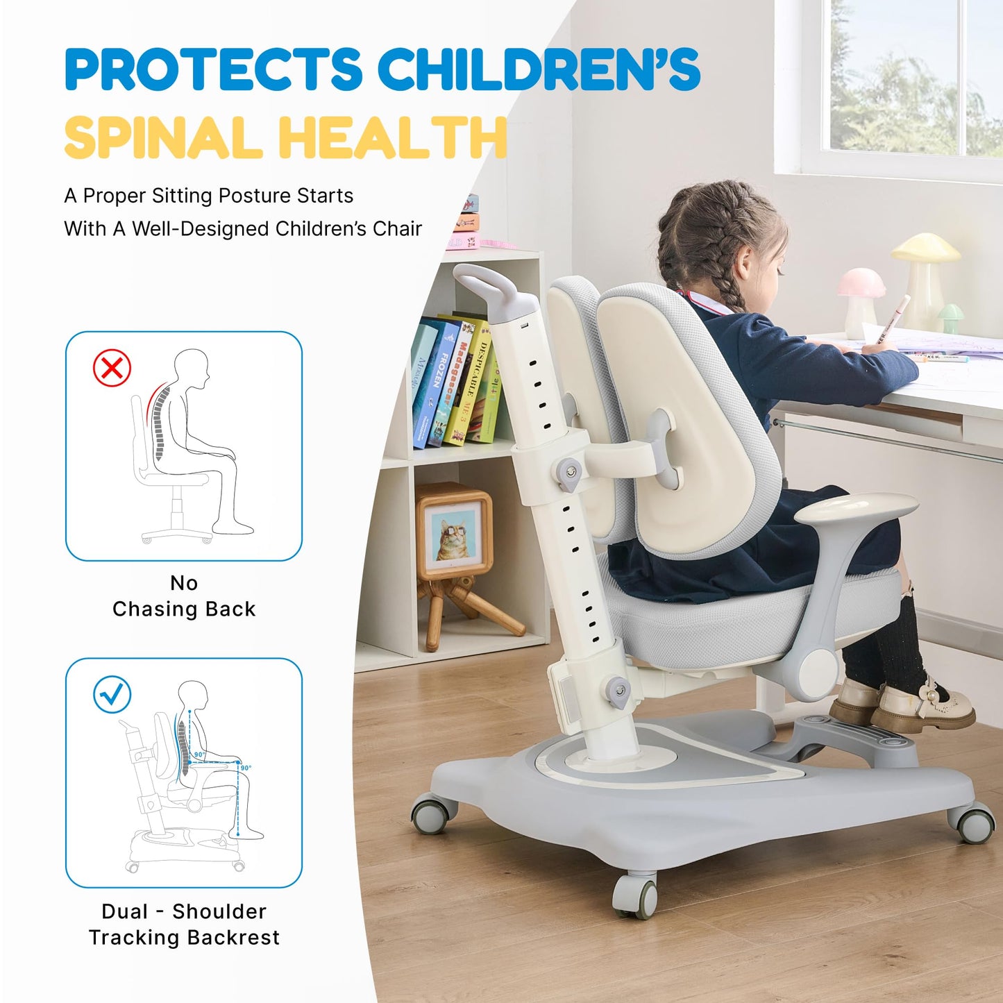 ERIYA Kids Desk Chair,Ergonomic Chair: Height-Adjustable, Double Back Support – Multifunctional for Study/Work/Dining | Ideal for Kids, Petite Adults – Ultra-Comfy (Bedrooms, Schools, Offices)(Grey)