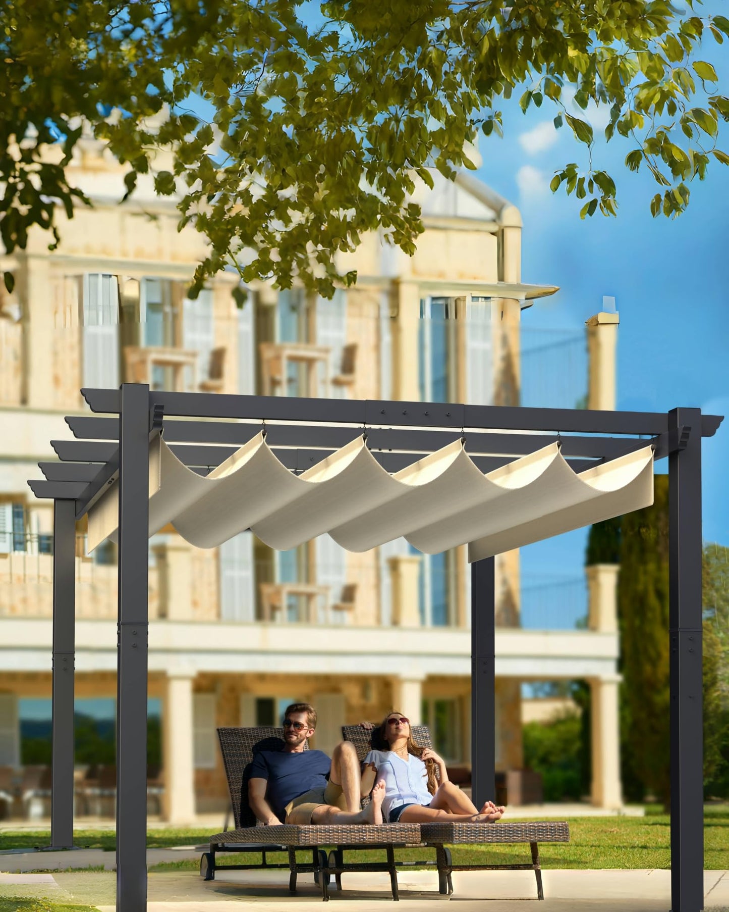 KYBOLT 10'X 13' Aluminum Pergola with Retractable Pergola Canopy, Lawn Shade Shelter for Backyard, Outdoor Party, Garden, Grill Gazebo, Deck (Grey)