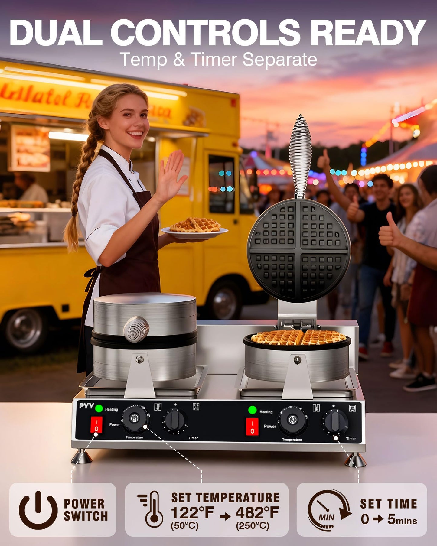 PYY Commercial Waffle Maker - Double Waffle Maker 2500W Large Stainless Steel，Silver Non-stick Electric Chaffle Maker for Restaurants, Waffle Houses, and Carnival Events