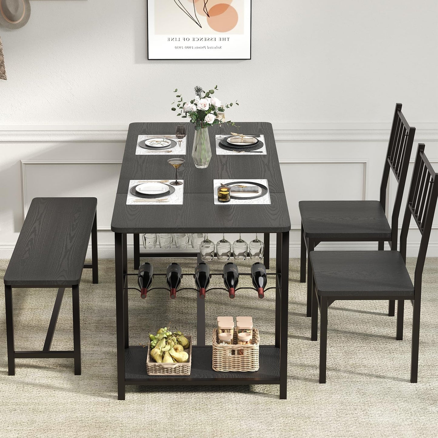 4 EVER WINNER Dining Table Set for 4, 55" Small Kitchen Table with Wine Rack & Wine Glasses Holder, Dining Room Table Set with 2 Chairs and Bench for Small Space, Black