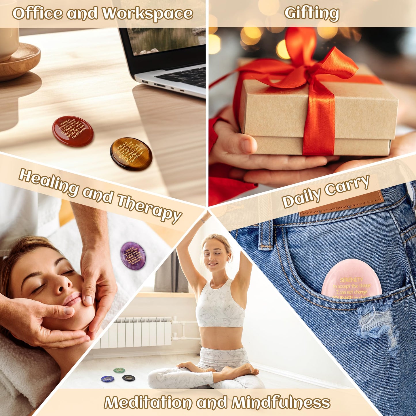 QINJIEJIE Serenity Prayer Rose Quartz Healing Crystal Thumb Stone Worry Stones Engraved Inspirational Stones Anxiety Relief Items Teacher Appreciation Encouragement Gifts for Women Mother