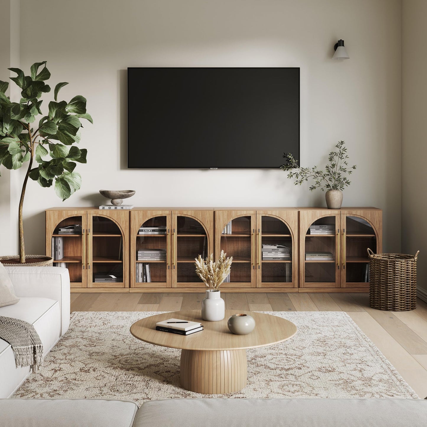 BELLEZE Set of 4 Modular Sideboard with Arched Glass Door, 130'' Accent Display Buffet Cabinet with Storage and Adjustable Shelves,Classic Modern Credenza for Dining Room Living Room Entryway (Camel)