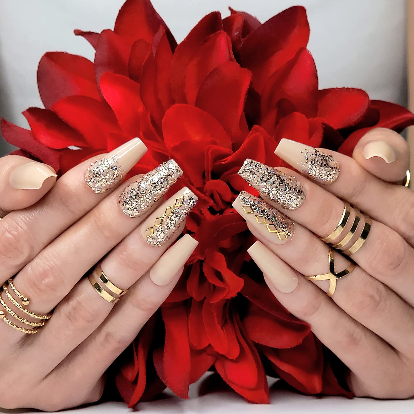 Hypnaughty Press On Nails - Vegas Gold and Nude Luxury Design with Ombre Glitter & Noir Black Matte Luxury Coffin, Trendy & Salon Quality Reusable Nails With Kit