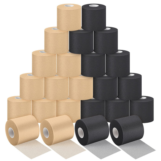 Nuanchu 24 Pieces Wrap Athletic Tape 2.75 Inches x 30 Yards Athletic Foam Underwrap Tape for Hair Soccer Sport Pre Wrap Ankles Wrists Hands and Knees(Black, Beige)