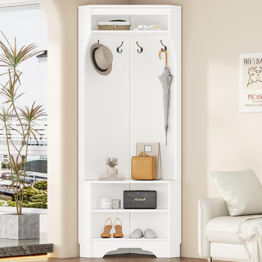Minimalist Corner Hall Tree with Shoe Bench and 4 Hanging Hooks,Multi-Functional Entryway Coat Rack with Shoe Shelf,Corner Cabinet with Adjustable Shelf for Hallway, Living Room,Black (White, Corner)