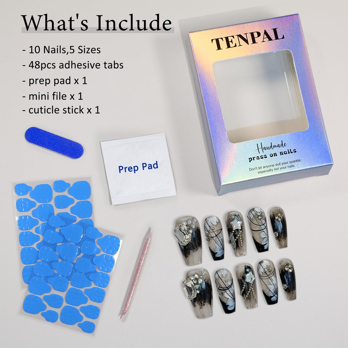 TENPAL 10PCS Gothic Coffin Press on Nails with Tools Kit,Black French Tips Fake Nails with Oriental Chain & Crystal Design | Dark Rebel Glue on Nails Medium | Icy Dark Elegant Chinese Style Nails(XS)