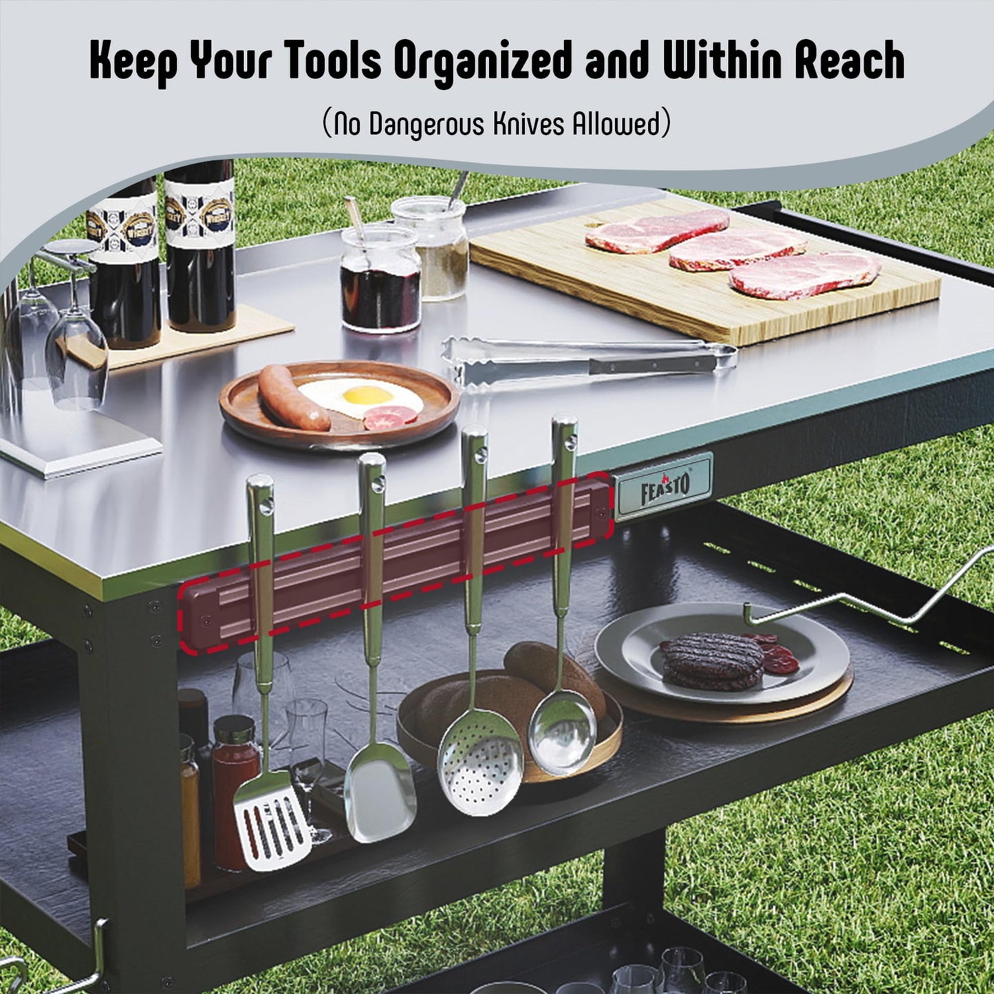 Feasto 31.5"x18" Outdoor Stainless Steel Grill Table, Movable Grill Prep Table Table with Seasoning Rack & Magnetic Tools Holder, Backyard BBQ Kitchen Food Prep Table for Portable Griddle & Pizza Oven