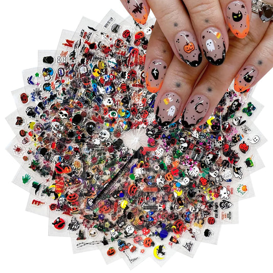 30 Sheets Halloween Nail Stickers Cute Ghost Pumpkin Nail Stickers 3D Self-Adhesive Nail Decals Bat Skull Nail Art Sticker Holiday Nails Design Accessories for Women Gilrs Nails Art Decoration