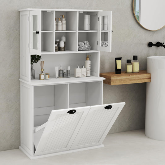 cattino 56.69" Tall Bathroom Laundry Cabinet with 2 Tilt-Out Baskets & 2 Adjustable Shelves - 2 Compartment Dirty Clothes Hamper Storage Organizer, 150 lbs Capacity - White