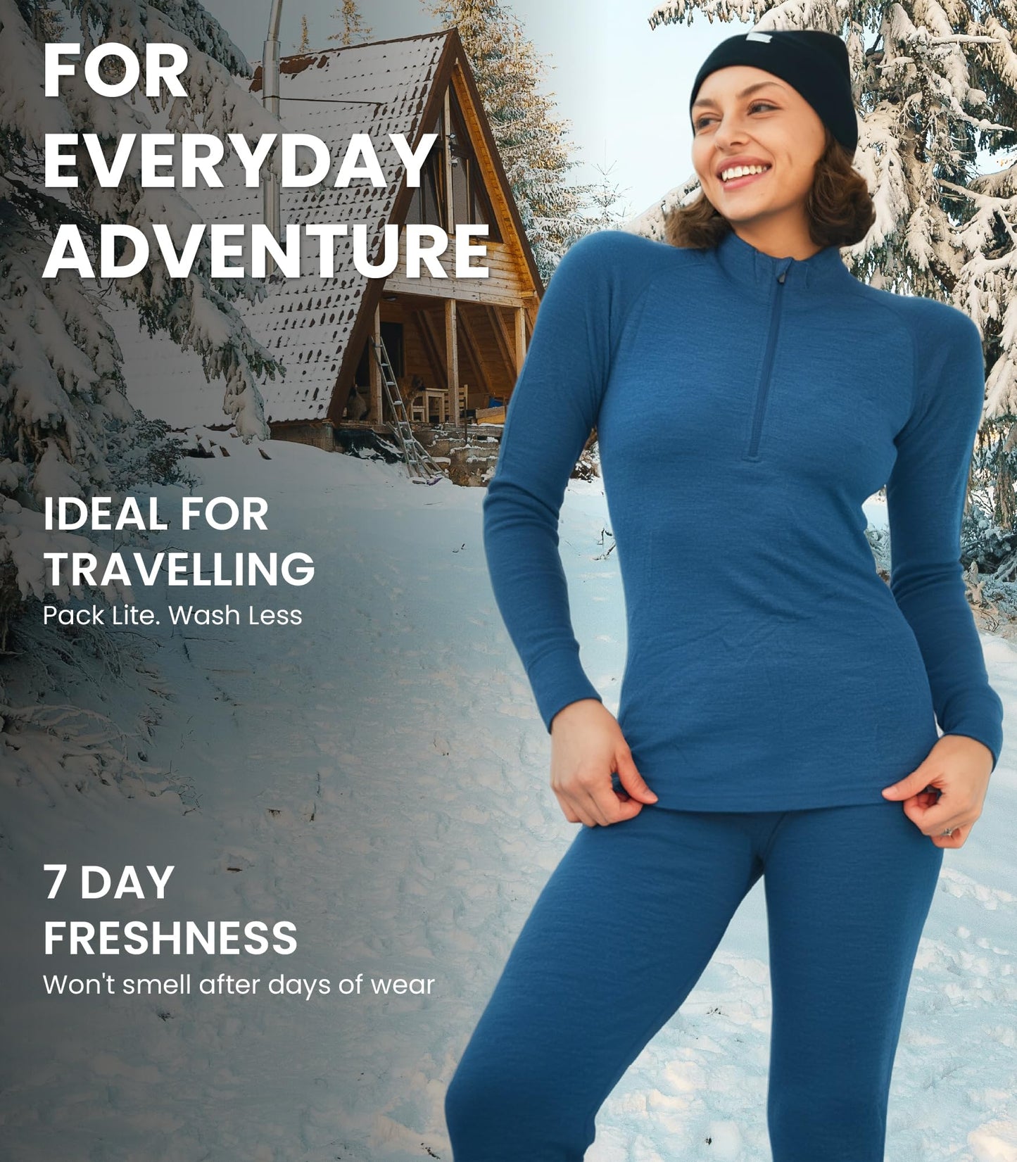 Merino.tech Merino Wool Base Layer Women Set - Heavyweight, Lite, Midweight Merino Thermal Underwear For Women Top, Bottom (Large, 250 Black Zip-up Set)