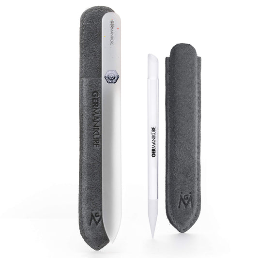 GERMANIKURE Crystal Glass Cuticle Stick & White Nail File Set in Suede Sleeves – Handmade in Czech Republic – Professional Manicure Supplies – Cuticle Pusher, Callus Remover - Ideal Nail Care Gift