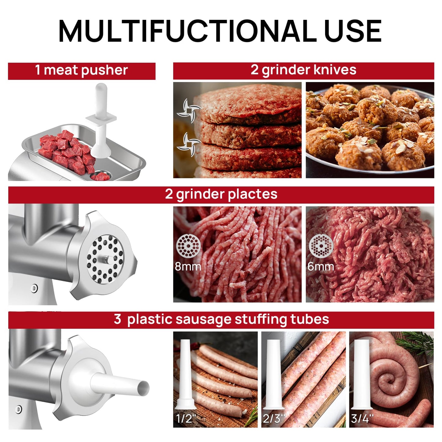 ARINOO Electric Meat Grinder #8, 0.5HP Heavy Duty Industrial Stainless Steel Meat Mincer, Sausage Stuffer with 2 Blades, 2 Plates & 3 Sausage Tubes, Meat Grinder Machine for Home Use Butchering