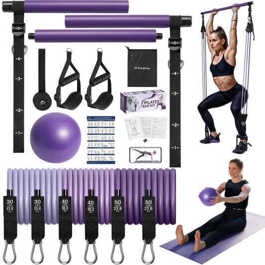 ALongSong Upgraded Pilates Bar Kit with Resistance Bands Natural Latex, Heavy-Duty Stainless Steel Multifunctional Yoga Pilates Stick for Home Gym Exercise Fitness Equipment Full-Body Workouts