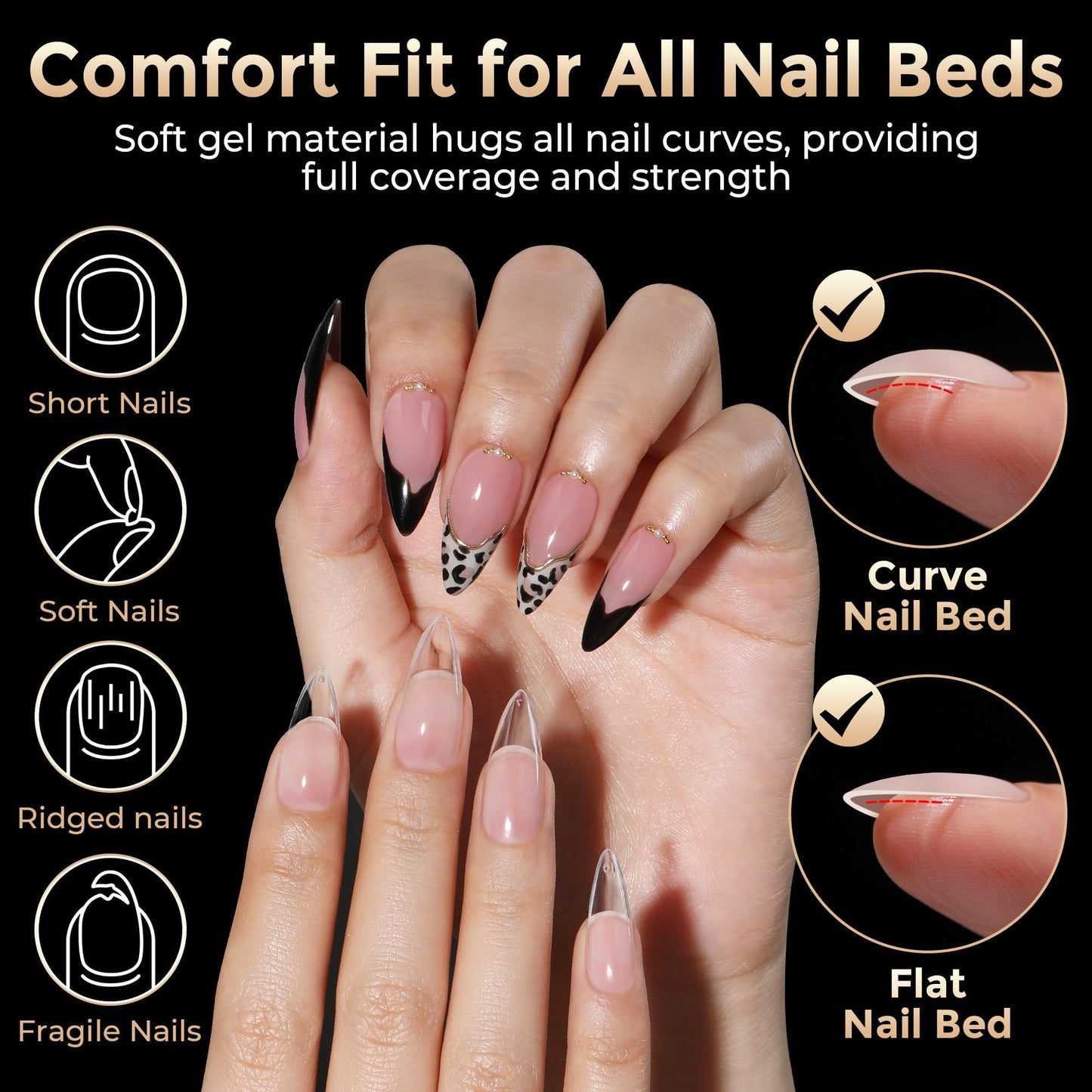Medium Stiletto Nail Tips: 504pcs Full Cover Soft Gel Nail Tips, 12 Sizes Pre-Etched Half Matte Clear Stiletto Press on Nails No C Curve For Nail Extensions Home Salon