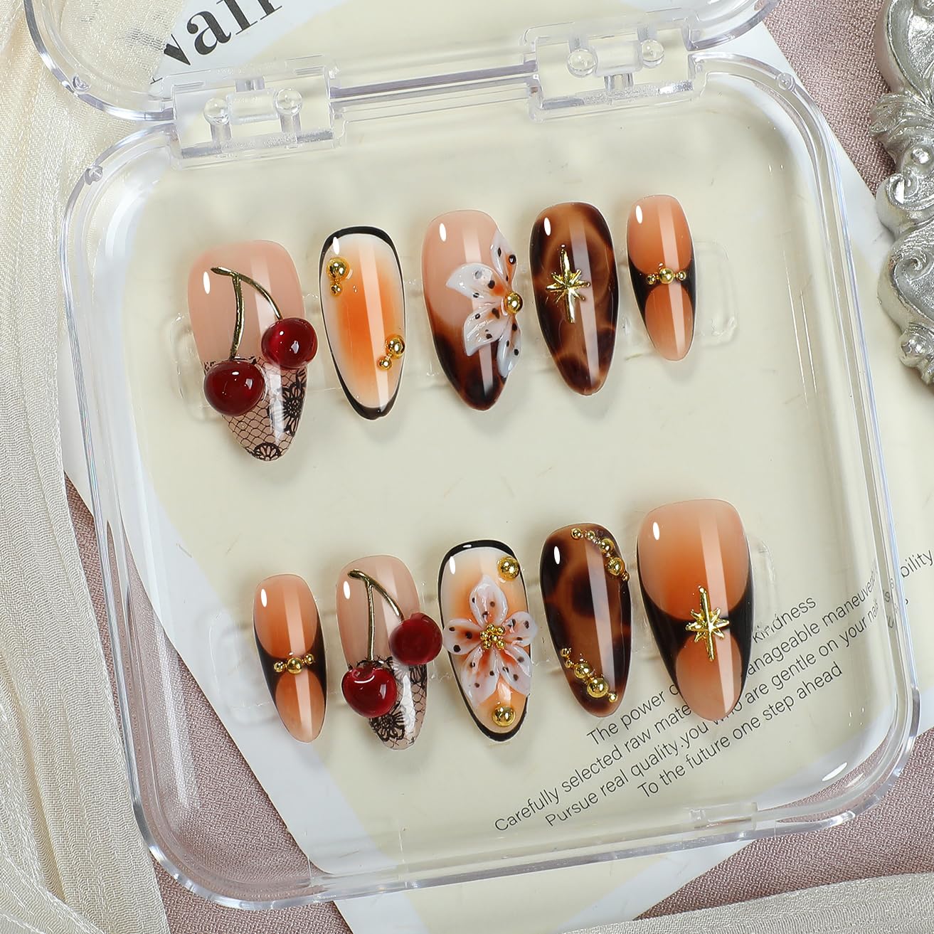 Handmade Luxury French Press On Nails, Leopard Amber Tortoiseshell 3D Cherry Short Almond Fake Nails, Salon Quality Acrylic Nail Tips with Brown Floral & Gold Accents, Holiday Vibe 10pcs Reusable Set
